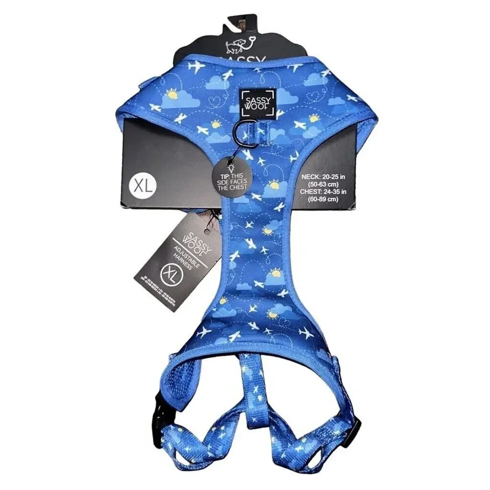 Sassy Woof Adjustable Comfort Dog Harness Blue Airplane Travel Size‎ XL